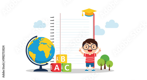 Smiling school boy with glasses stands next to an educational globe, colorful alphabet blocks, and a large notebook.