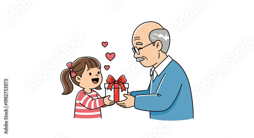 Cute little girl gives a gift box to her grandfather as floating hearts express love and kindness between generations.