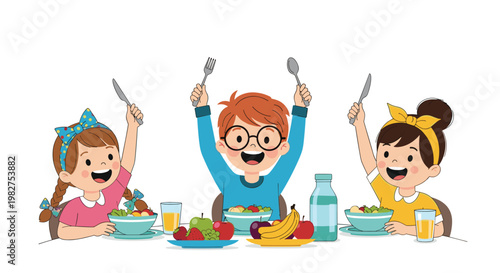 Three happy children sit at a dining table filled with healthy fruits and vegetables while holding their cutlery high.