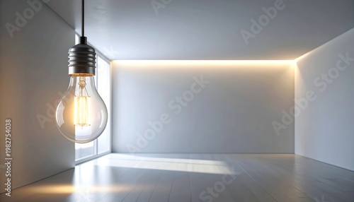 Illuminated Light Bulb Hanging in a Modern Minimalist Room.