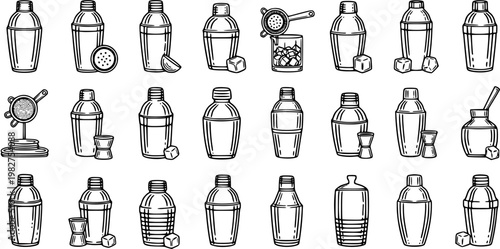 Bartending Cocktail Shakers and Bar Tools Line Art Icon Set for Beverage Industry. Hand-drawn Outline Collection of Drink Mixing Equipment.