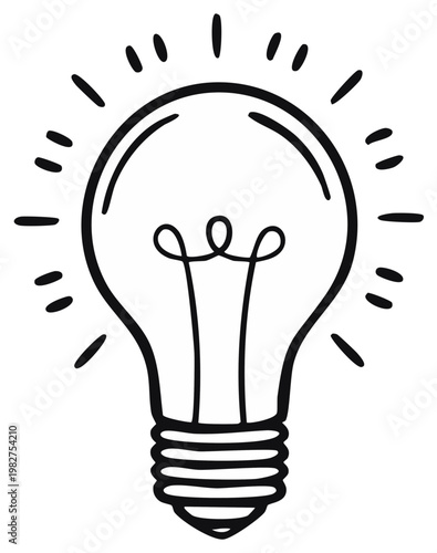 Black and white hand-drawn illustration of an illuminated light bulb, concept idea