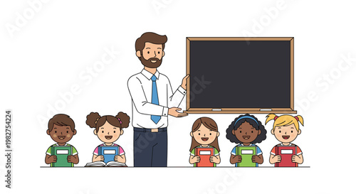 Male teacher stands in front of a blackboard and points to it while his young students hold their colorful textbooks.