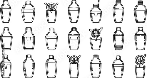 Food and Drink Bartending Black and White Line Art Icons Set. Collection of Various Cocktail Shakers and Bar Tools for Mixology and Beverage Preparation.