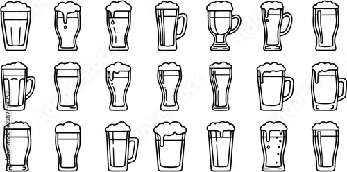 Beer Glasses and Mugs Black and White Line Art Icons Set. Outline Beverage Symbols for Pub, Bar, and Drink Industry.