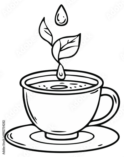 Hand drawn illustration of a teacup with leaves and a water droplet