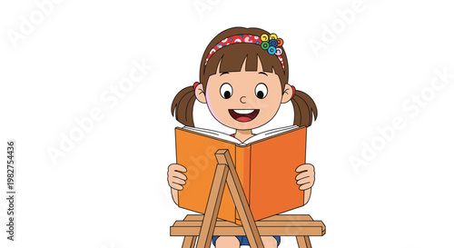 Enthusiastic young girl with pigtails sits at an easel and reads a bright orange book with a look of pure delight.