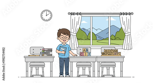 Smiling schoolboy with glasses stands in a bright classroom featuring desks, books, and a scenic mountain view through windows.