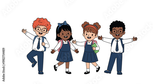 Group of diverse children in school uniforms wave goodbye as they start their educational journey with backpacks ready.