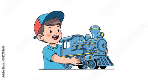 Little boy wearing a blue baseball cap smiles with delight as he hugs a large toy steam locomotive train engine.
