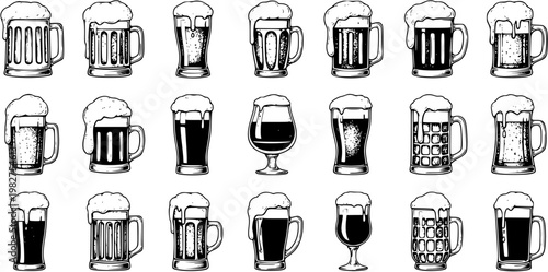 Hand-Drawn Black and White Line Art Set of Various Beer Glasses and Mugs. Ideal for Food  Drink Industry, Beverage Menus, Pubs, and Craft Beer Themes.
