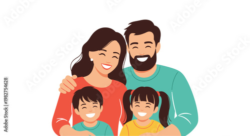 Happy family of four consisting of a mother, father, son, and daughter smile warmly for a loving group portrait.
