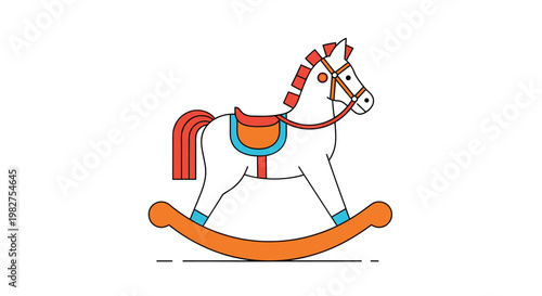 Traditional wooden rocking horse toy for children featuring a white body with detailed red and blue saddle patterns on white background.