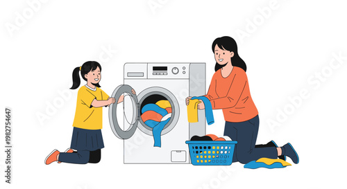 Caring mother and her young daughter working together to load colorful clothes into a white washing machine for household chores at home.