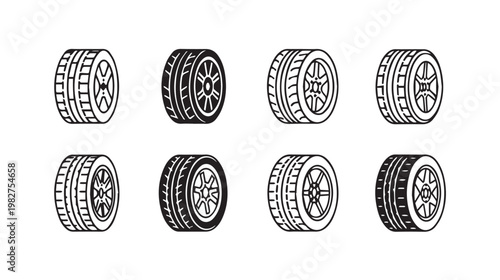 Set of different car tires and wheels line art isolated on white background