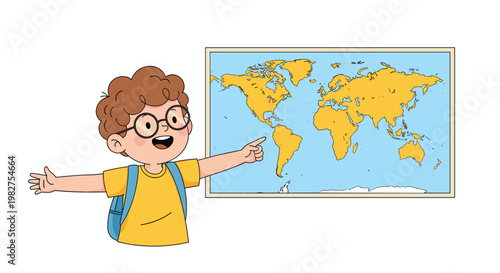 Enthusiastic schoolboy with a blue backpack pointing at a large world map and exploring different continents and oceans in geography class.