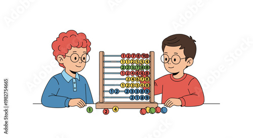 Two young boys with glasses sitting at a table and learning mathematics by using a colorful wooden abacus toy for counting and math.
