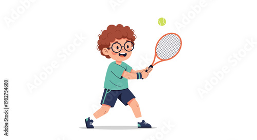 Active young boy with glasses and curly hair swinging a tennis racket to hit a yellow ball with high energy on a clean white background.
