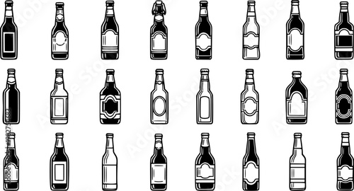 Black and White Beer Bottle Vector Icons Set - Diverse Alcoholic Drink Beverage Graphic Collection for Bar and Pub Menus