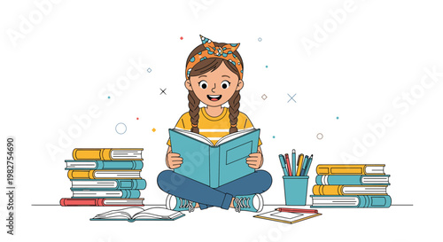 Focused young girl with braids and a headband sitting on the floor and reading a book amidst many stacks of educational books and study tools.