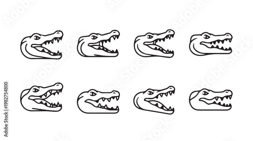 Set of eight alligator head icons line art side profile showing teeth isolated on white background stock illustration