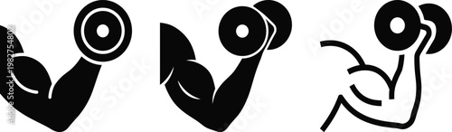 Three stylized illustrations of individuals performing bicep curls with dumbbells