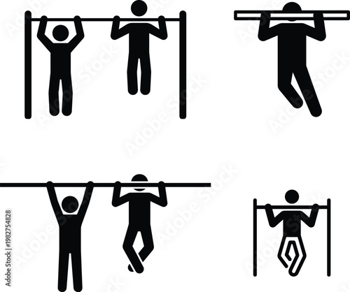 Illustrations of various pull-up and suspension training exercises using parallel bars.