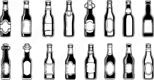 Black and White Line Art Beer Bottles Set. Hand-drawn outline illustrations of various alcoholic beverage containers for brewing, pub, bar, and drink industry design.