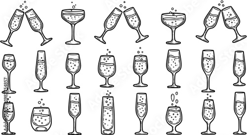 Celebration Beverages: Hand-drawn Black  White Line Art Set of Champagne Glasses, Flutes, and Coupes with Bubbles for Parties, New Year, and Special Events