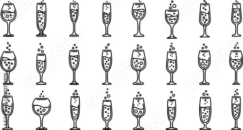 Black and White Line Art of Various Champagne Glasses with Bubbles
