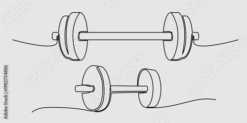 Editable continuous one line drawing bar and dumbbell for gym vector. Ideal for clean fitness brands, symbolizing minimal heavy lifting, sleek workouts, and power.