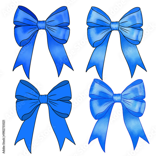 Blue Ribbon Bows Set with Different Textures, Decorative Gift Bows Collection, Isolated on Transparent Background