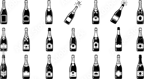Set of Black and White Line Art Champagne Bottles Icons. Elegant Sparkling Wine Glyphs for Celebration and Alcoholic Beverage Industry Design
