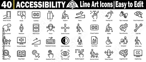 Professional accessibility line icons set. Featuring universal design symbols for mobility aids, visual impairment, hearing assistance, and inclusive technology vector illustration.