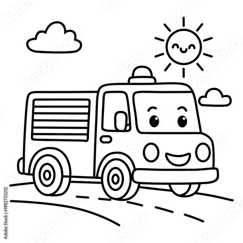 coloring book Cartoon Fire Truck on Sunny Road
