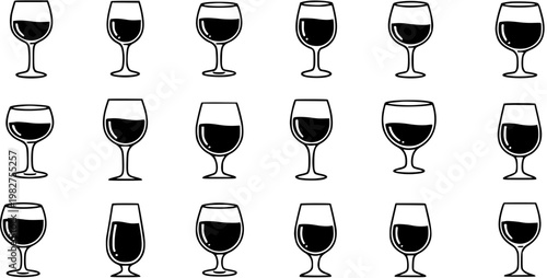 Black and White Line Art Icons of Various Wine Glasses Filled with Red Wine