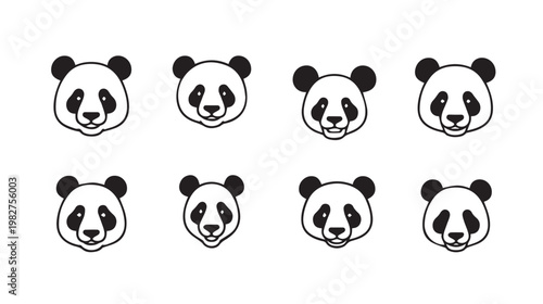 Set of eight panda bear faces with distinct expressions vector illustration clean background