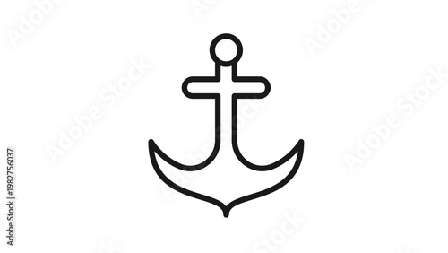 Minimalist black outline vector icon of a nautical ship anchor, isolated on a white background. Clean and scalable graphic symbol for maritime, naval, ocean travel, sailing, and marine design.