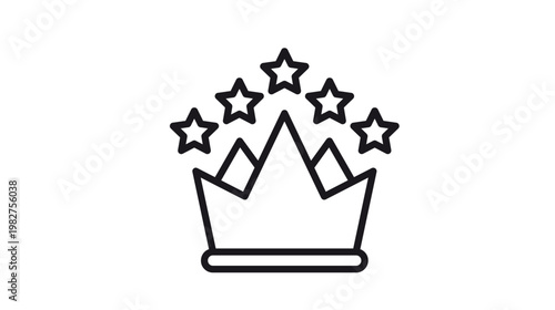 Black line art vector icon of a royal crown with five stars above it, representing premium quality, luxury, success, and top ranking. Minimalist graphic illustration for web and print design.