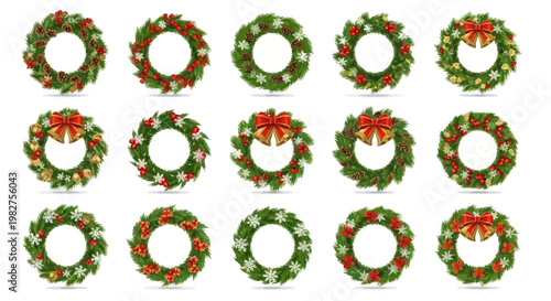 Christmas Wreaths Collection: Festive Decor, Greenery, Berries, Pinecones, Red Bows