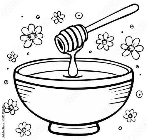 Honey dripping from dipper into bowl amidst delicate flower sketches for a delightful illustration.