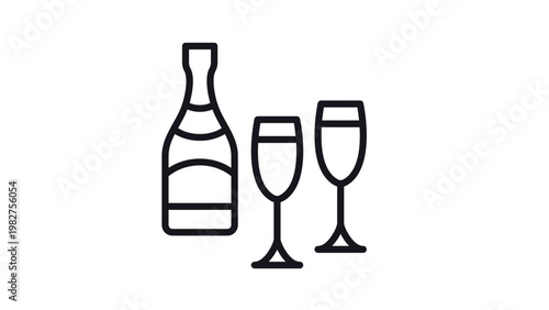 Champagne bottle and two glasses vector icon illustration, minimalist black line art symbol for celebration, toast, wedding, anniversary, party, and New Year's Eve, scalable graphic design.