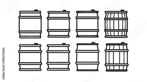 Set of eight outline barrels various styles isolated on white background