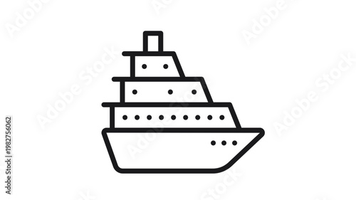 Black line vector icon of a cruise ship or ocean liner. This minimalist illustration features a large passenger vessel with multiple decks and portholes, ideal for travel and maritime graphics.