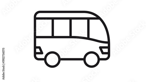 Modern bus icon vector illustration, minimalist black line art symbol of a shuttle or public transport vehicle, scalable graphic for travel, commuting, and urban transit design projects.