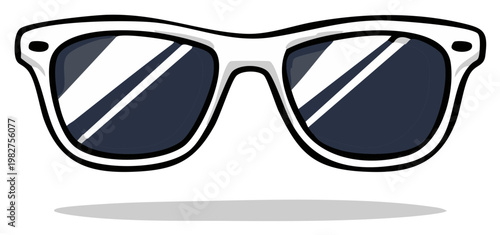 Cartoon-style sunglasses with white frame and dark lenses, with a shadow below.