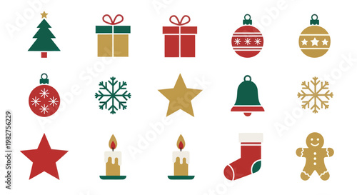 Christmas Icons Set: Tree, Gifts, Ornaments, Snowflakes, Star, Bell, Candle, Stocking, Gingerbread Man