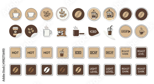Coffee Icons Set: Beans, Cups, French Press, Machine, Hot, Iced, Decaf, Roast Levels