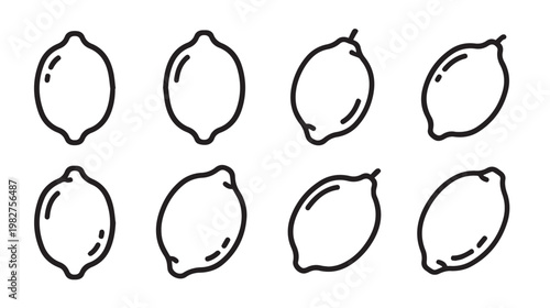 Set of eight simple line art lemons with highlights isolated on white background stock illustration