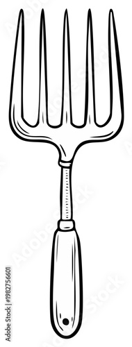 Illustration of a vintage pitchfork with four tines and a wooden handle